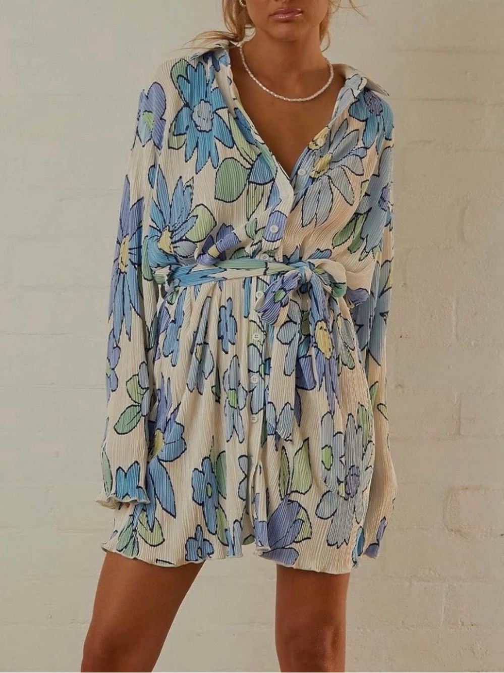 NWOT Floral Blue Belted Shirt Dress - Women